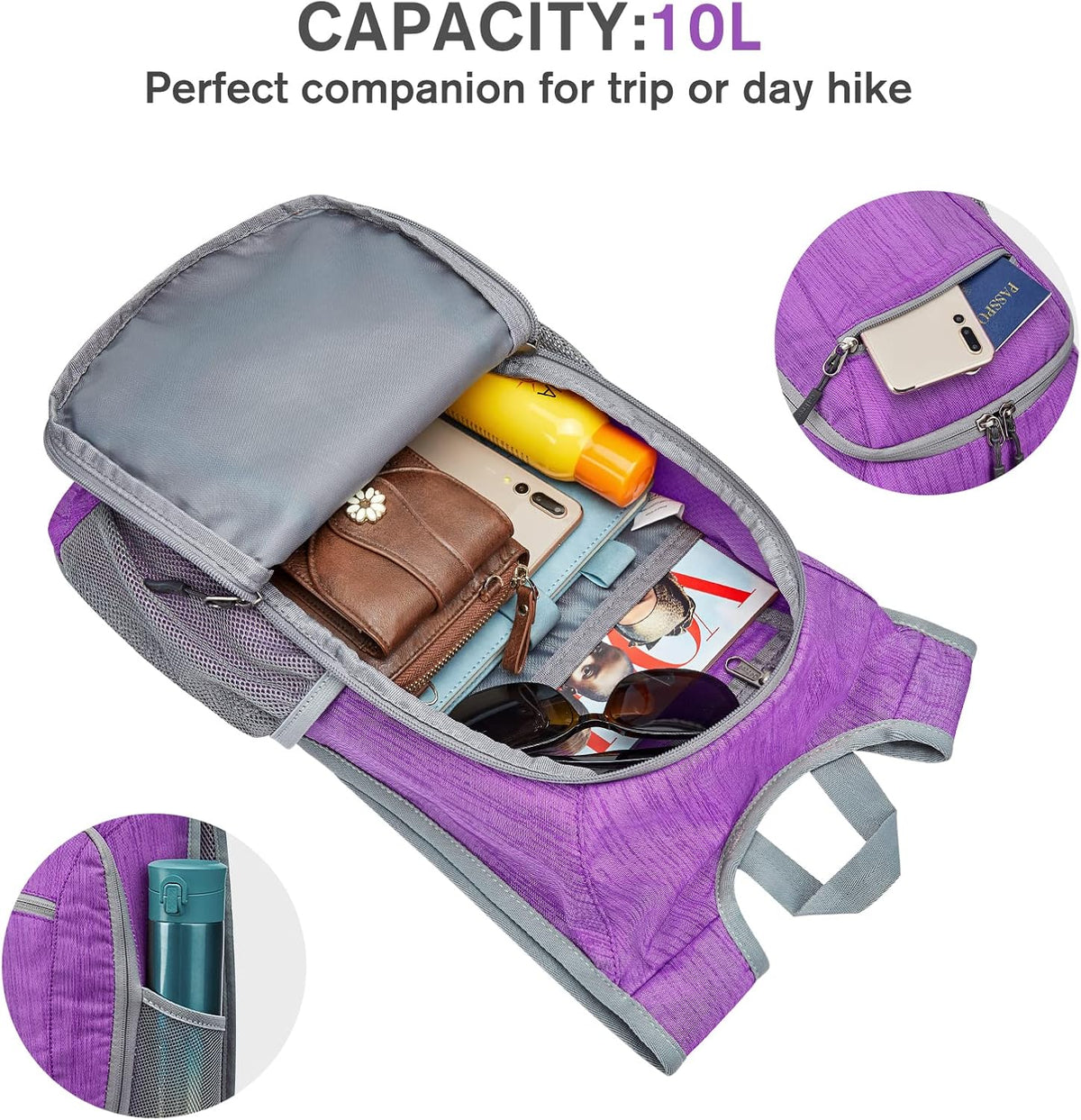 10L/15L Hiking Backpack Lightweight Packable Hiking Daypack Small Travel Outdoor Foldable Shoulder Bag
