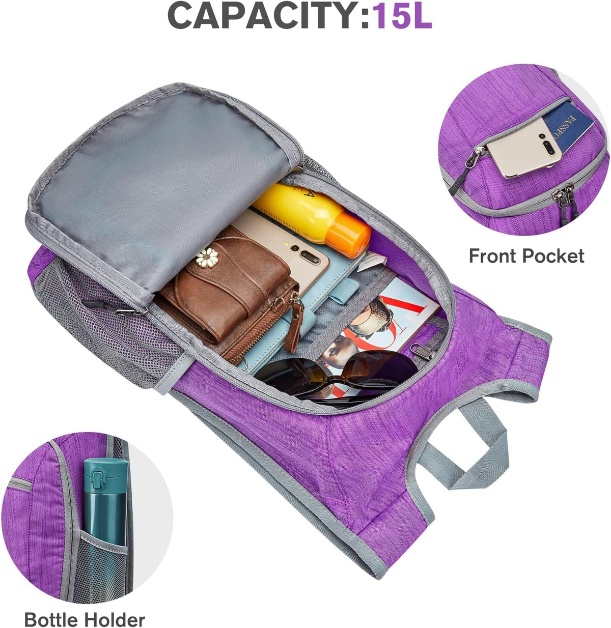 10L/15L Hiking Backpack Lightweight Packable Hiking Daypack Small Travel Outdoor Foldable Shoulder Bag