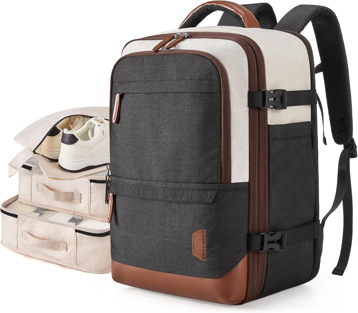 40L Black Travel Laptop Backpack with Packing Cubes and Shoe Bag