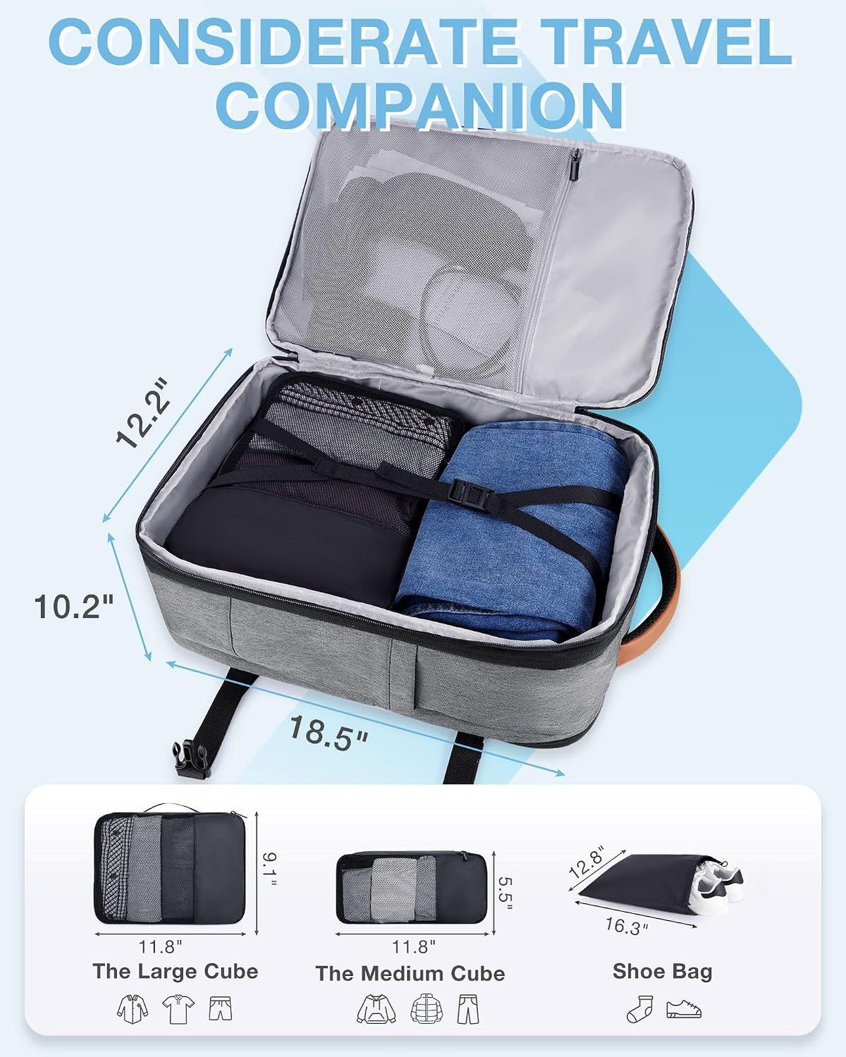 40L Black Travel Laptop Backpack with Packing Cubes and Shoe Bag