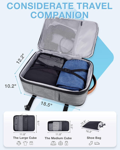 40L Black Travel Laptop Backpack with Packing Cubes and Shoe Bag