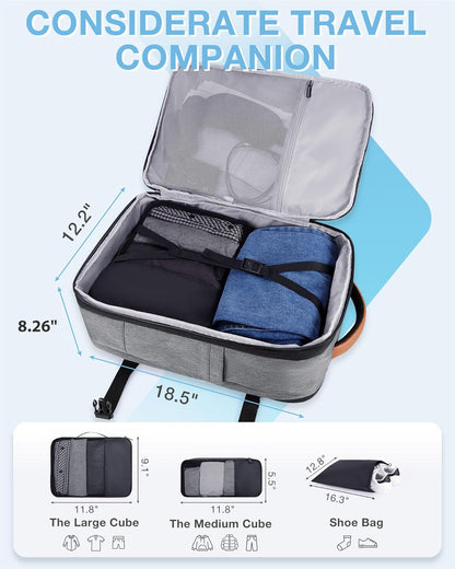40L Black Travel Laptop Backpack with Packing Cubes and Shoe Bag