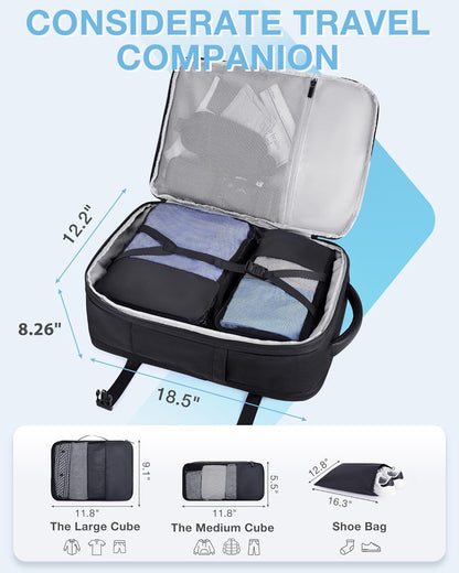 40L Black Travel Laptop Backpack with Packing Cubes and Shoe Bag