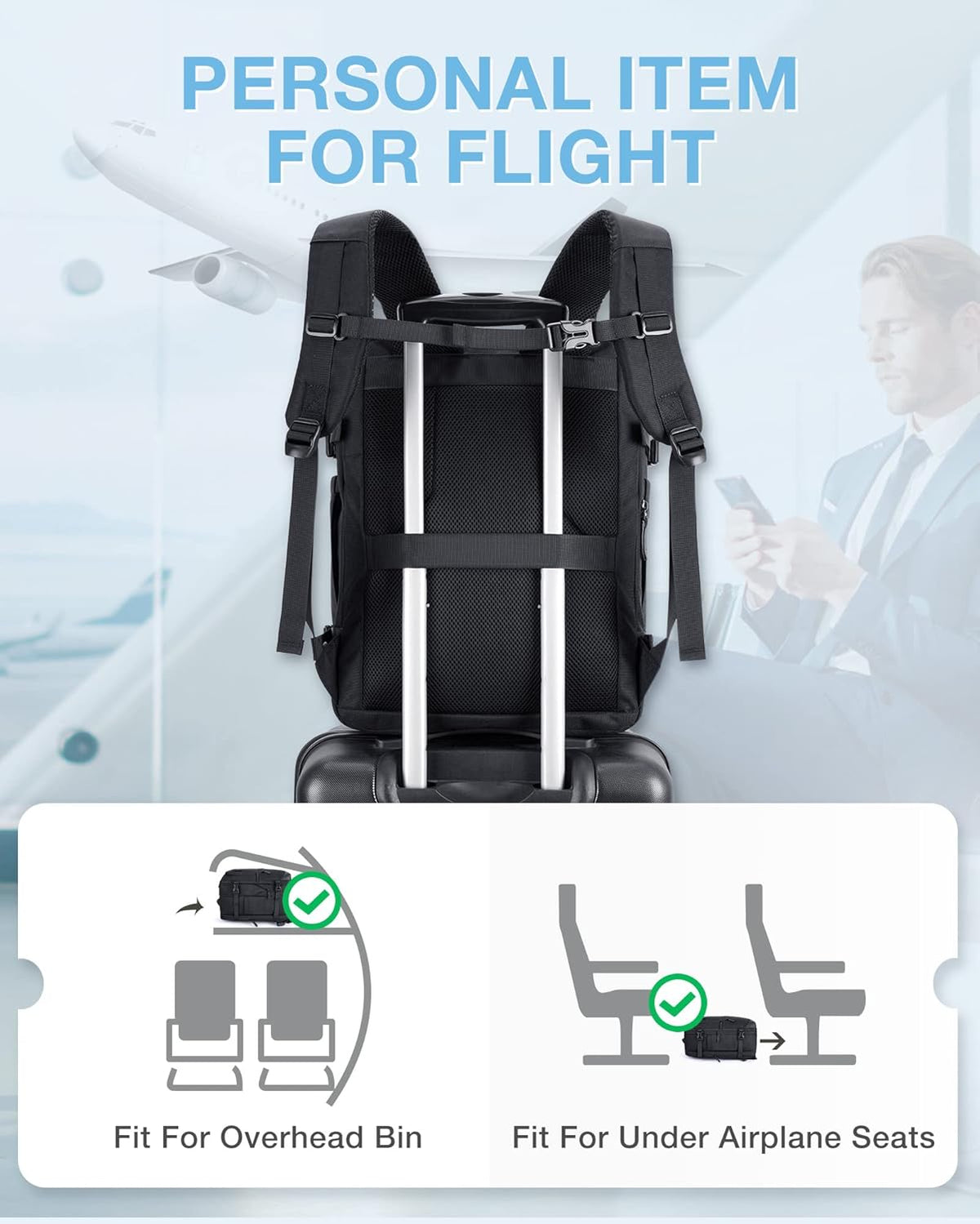 40L Black Travel Laptop Backpack with Packing Cubes and Shoe Bag