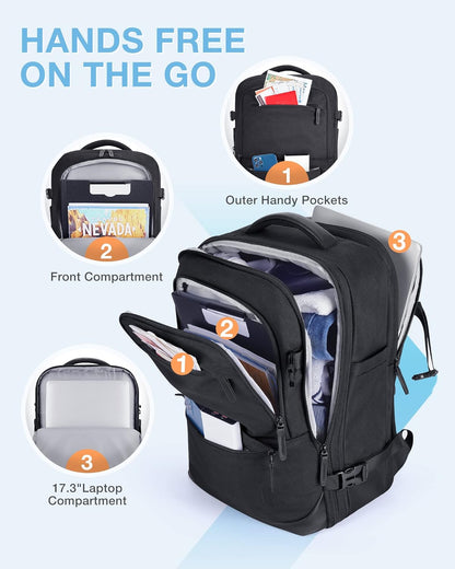 40L Black Travel Laptop Backpack with Packing Cubes and Shoe Bag