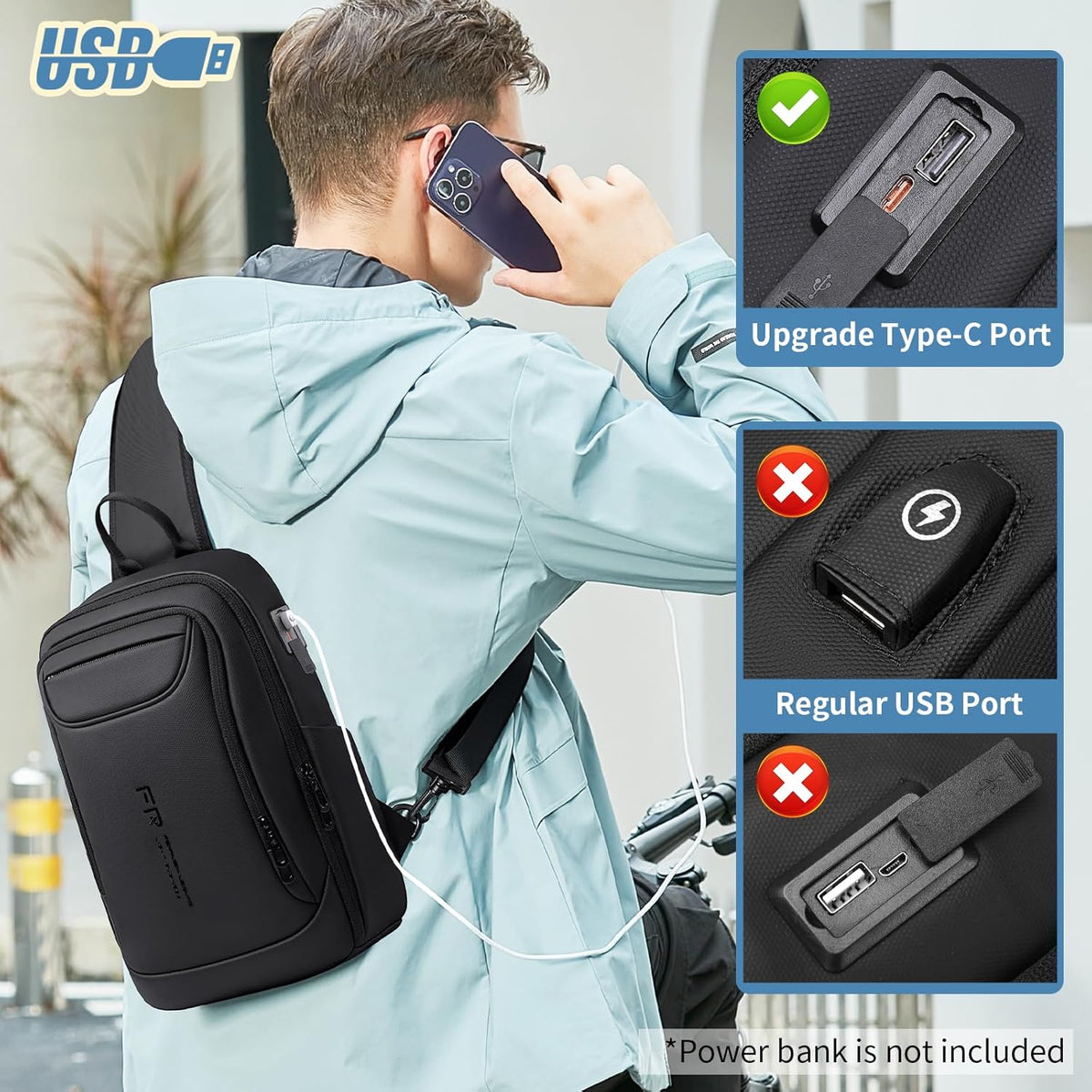 Mens Crossbody Bag, Water Resistant Sling Backpack for Daily/Travel, Gray