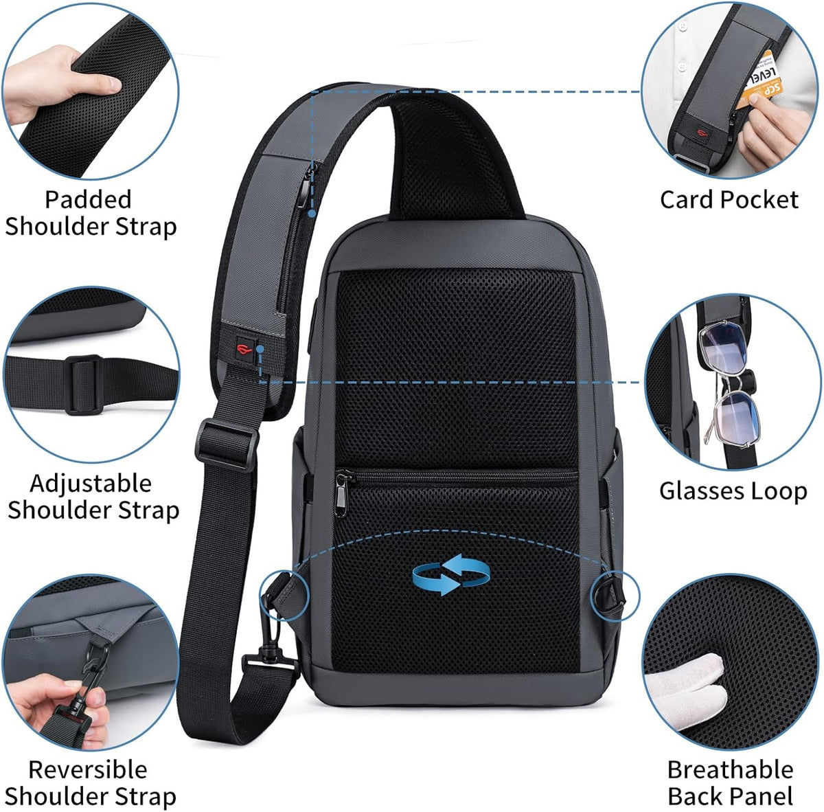 Mens Crossbody Bag, Water Resistant Sling Backpack for Daily/Travel, Gray