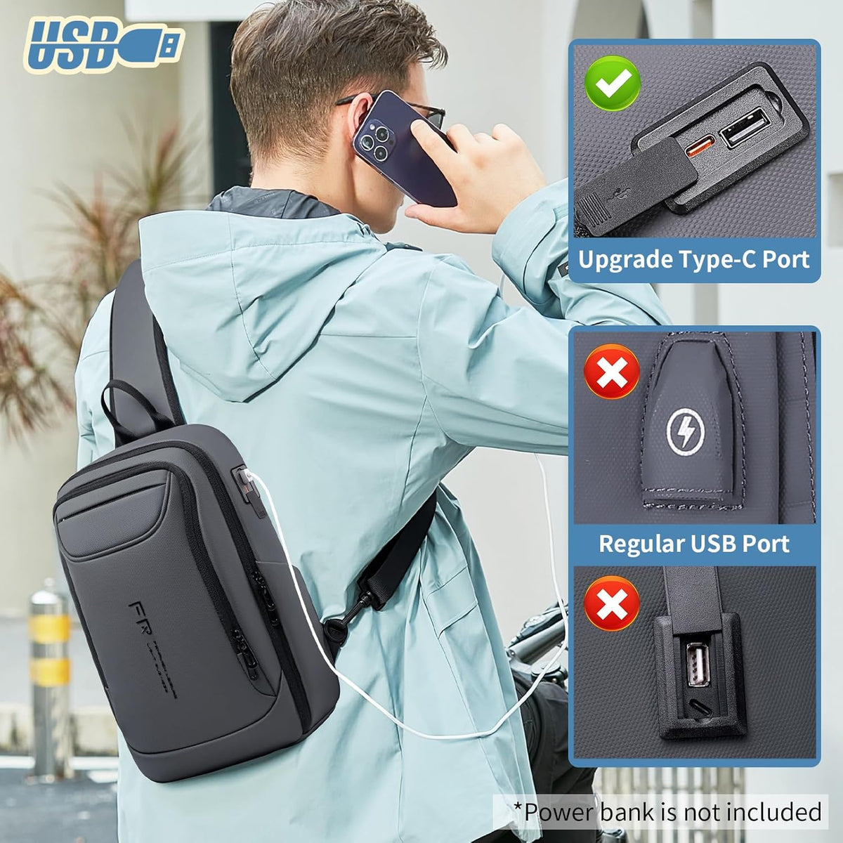 Mens Crossbody Bag, Water Resistant Sling Backpack for Daily/Travel, Gray