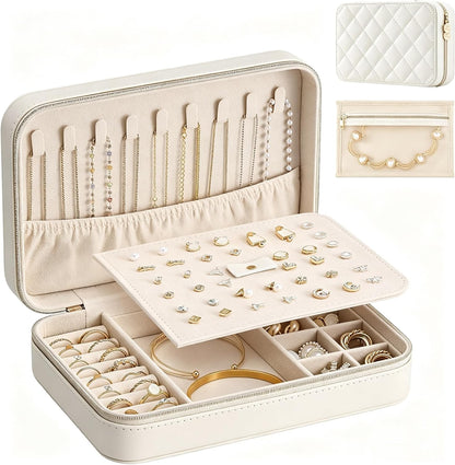 Travel Jewelry Case for Women Girls, Travel Jewelry Organizer with Clear Storage Bag Small Portable Jewelry Box for Necklace Bracelet Earring Ring Valentines Bridesmaid Gifts -Medium/Beige