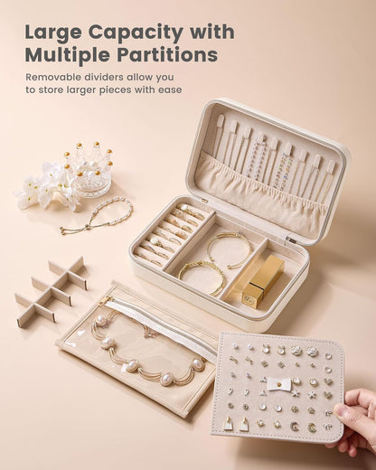 Travel Jewelry Case for Women Girls, Travel Jewelry Organizer with Clear Storage Bag Small Portable Jewelry Box for Necklace Bracelet Earring Ring Valentines Bridesmaid Gifts -Medium/Beige