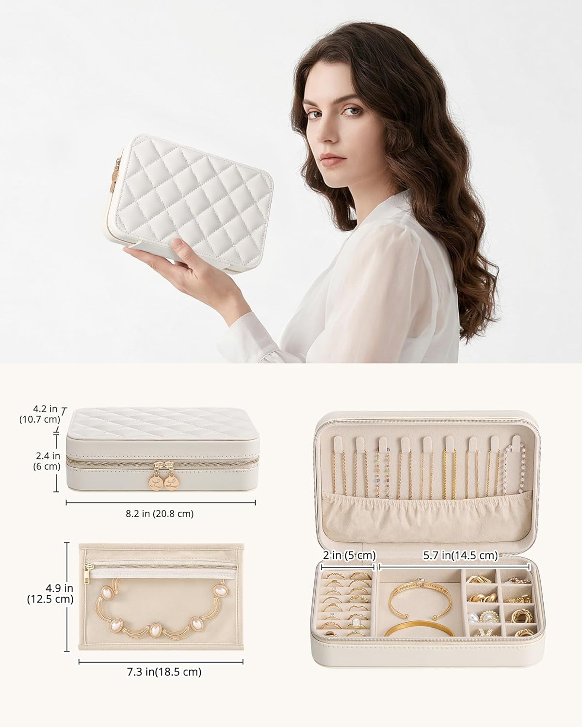 Travel Jewelry Case for Women Girls, Travel Jewelry Organizer with Clear Storage Bag Small Portable Jewelry Box for Necklace Bracelet Earring Ring Valentines Bridesmaid Gifts -Medium/Beige