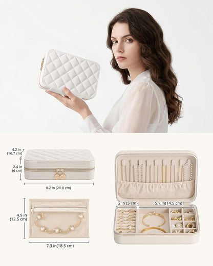 Travel Jewelry Case for Women Girls, Travel Jewelry Organizer with Clear Storage Bag Small Portable Jewelry Box for Necklace Bracelet Earring Ring Valentines Bridesmaid Gifts -Medium/Beige