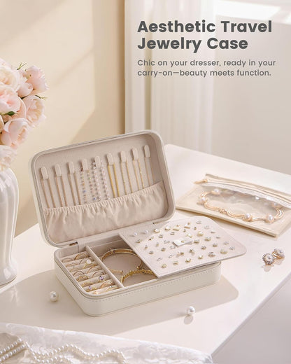 Travel Jewelry Case for Women Girls, Travel Jewelry Organizer with Clear Storage Bag Small Portable Jewelry Box for Necklace Bracelet Earring Ring Valentines Bridesmaid Gifts -Medium/Beige