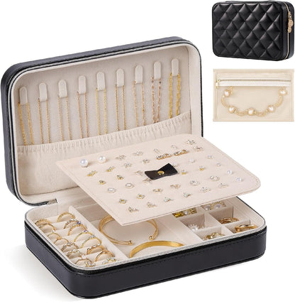 Travel Jewelry Case for Women Girls, Travel Jewelry Organizer with Clear Storage Bag Small Portable Jewelry Box for Necklace Bracelet Earring Ring Valentines Bridesmaid Gifts -Medium/Beige