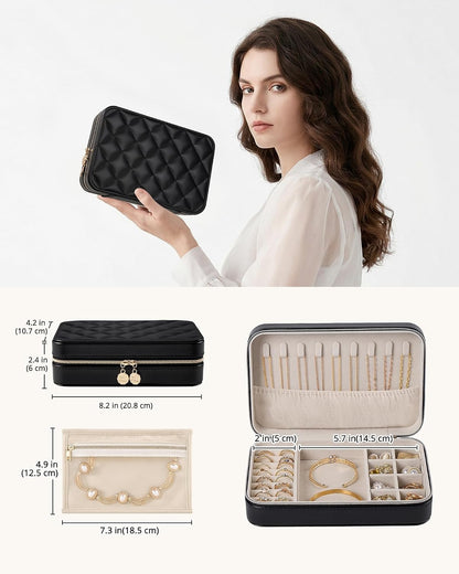 Travel Jewelry Case for Women Girls, Travel Jewelry Organizer with Clear Storage Bag Small Portable Jewelry Box for Necklace Bracelet Earring Ring Valentines Bridesmaid Gifts -Medium/Beige