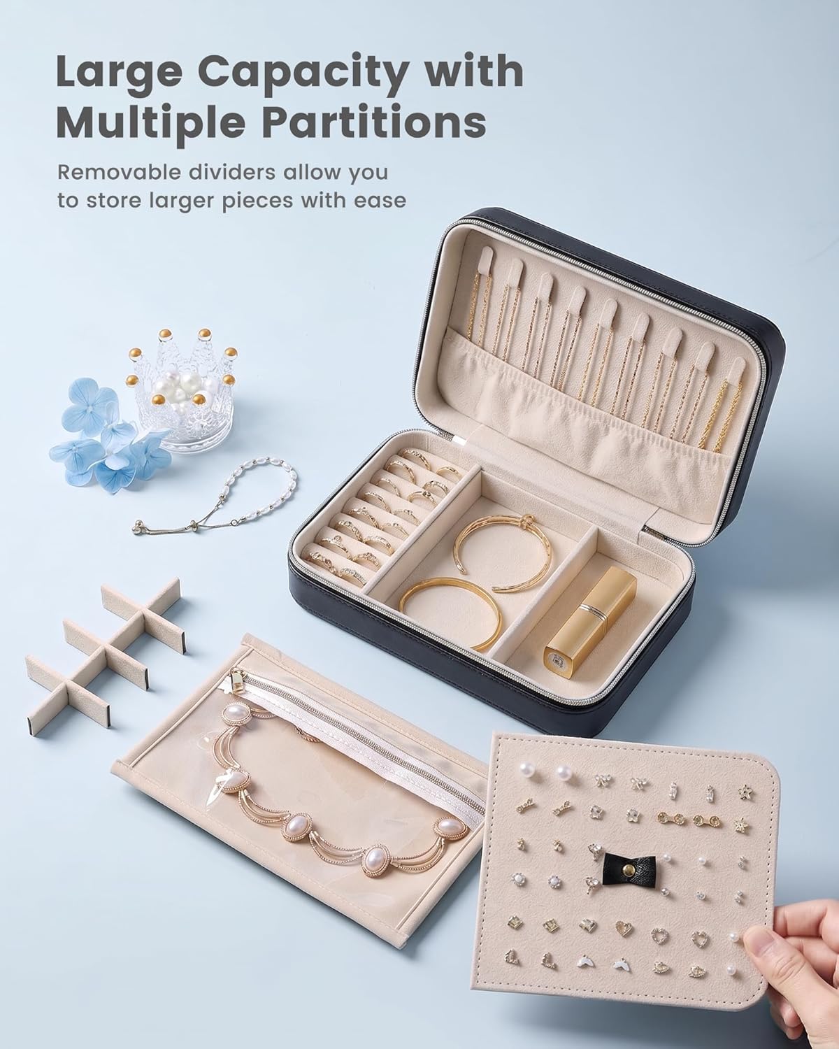 Travel Jewelry Case for Women Girls, Travel Jewelry Organizer with Clear Storage Bag Small Portable Jewelry Box for Necklace Bracelet Earring Ring Valentines Bridesmaid Gifts -Medium/Beige