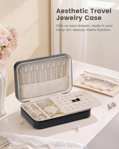 Travel Jewelry Case for Women Girls, Travel Jewelry Organizer with Clear Storage Bag Small Portable Jewelry Box for Necklace Bracelet Earring Ring Valentines Bridesmaid Gifts -Medium/Beige