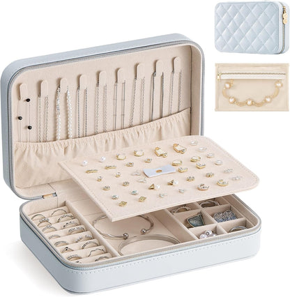 Travel Jewelry Case for Women Girls, Travel Jewelry Organizer with Clear Storage Bag Small Portable Jewelry Box for Necklace Bracelet Earring Ring Valentines Bridesmaid Gifts -Medium/Beige