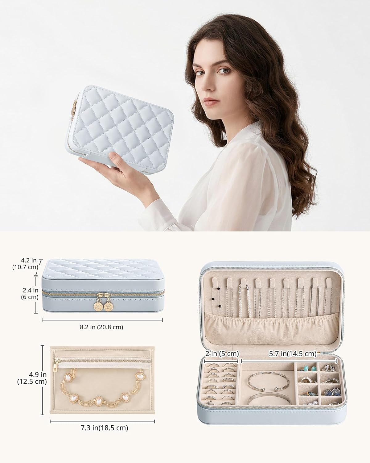 Travel Jewelry Case for Women Girls, Travel Jewelry Organizer with Clear Storage Bag Small Portable Jewelry Box for Necklace Bracelet Earring Ring Valentines Bridesmaid Gifts -Medium/Beige
