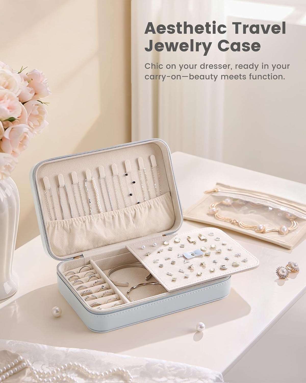 Travel Jewelry Case for Women Girls, Travel Jewelry Organizer with Clear Storage Bag Small Portable Jewelry Box for Necklace Bracelet Earring Ring Valentines Bridesmaid Gifts -Medium/Beige