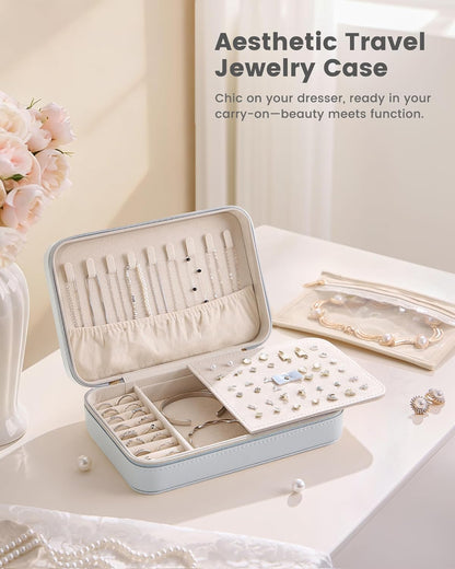Travel Jewelry Case for Women Girls, Travel Jewelry Organizer with Clear Storage Bag Small Portable Jewelry Box for Necklace Bracelet Earring Ring Valentines Bridesmaid Gifts -Medium/Beige