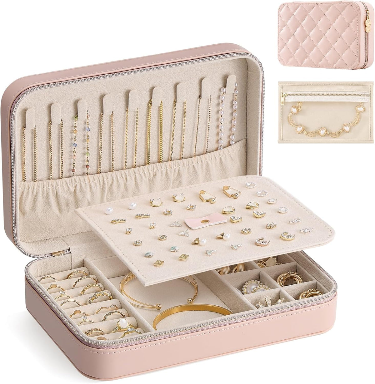 Travel Jewelry Case for Women Girls, Travel Jewelry Organizer with Clear Storage Bag Small Portable Jewelry Box for Necklace Bracelet Earring Ring Valentines Bridesmaid Gifts -Medium/Beige