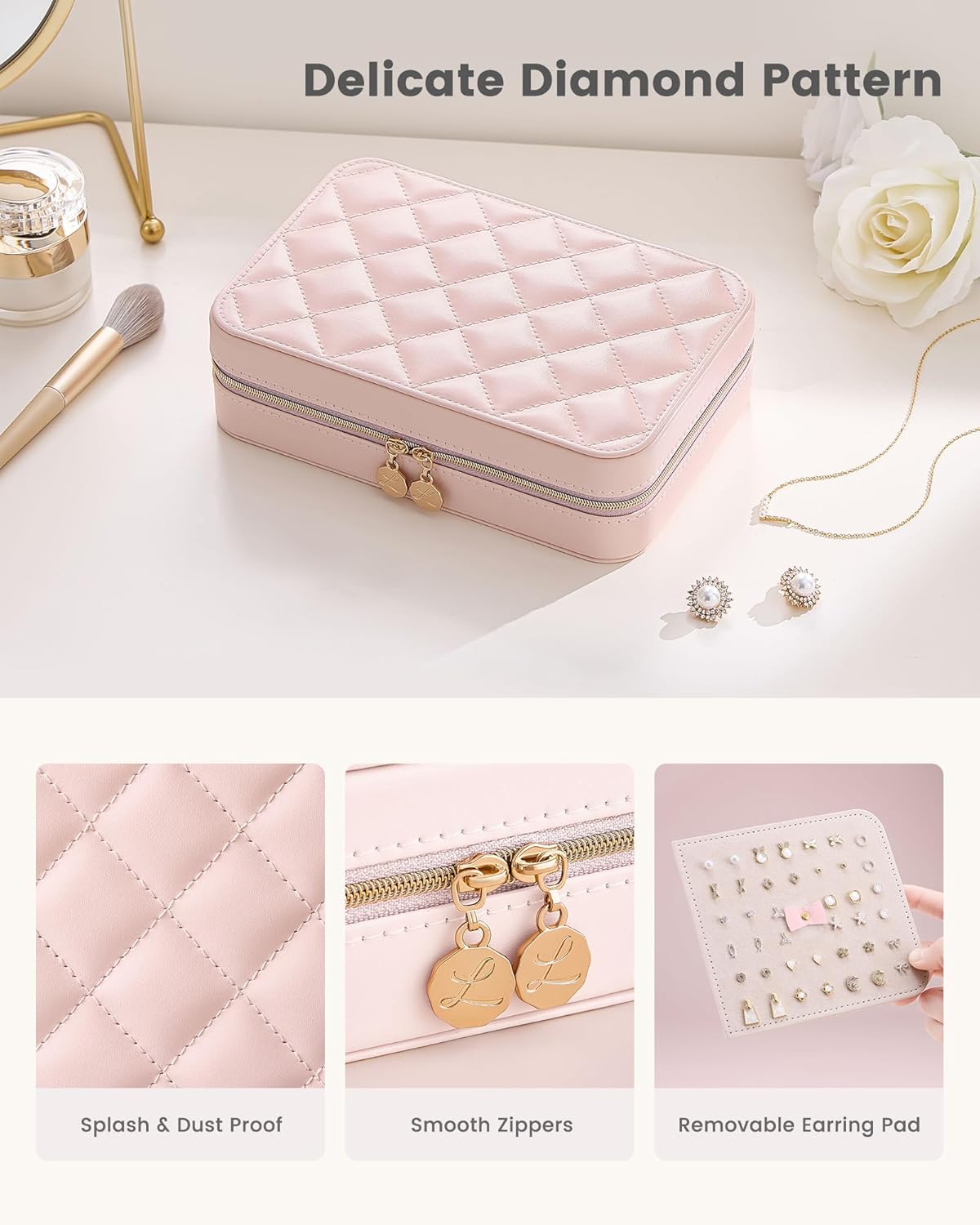 Travel Jewelry Case for Women Girls, Travel Jewelry Organizer with Clear Storage Bag Small Portable Jewelry Box for Necklace Bracelet Earring Ring Valentines Bridesmaid Gifts -Medium/Beige