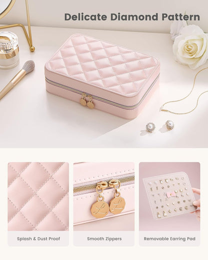 Travel Jewelry Case for Women Girls, Travel Jewelry Organizer with Clear Storage Bag Small Portable Jewelry Box for Necklace Bracelet Earring Ring Valentines Bridesmaid Gifts -Medium/Beige