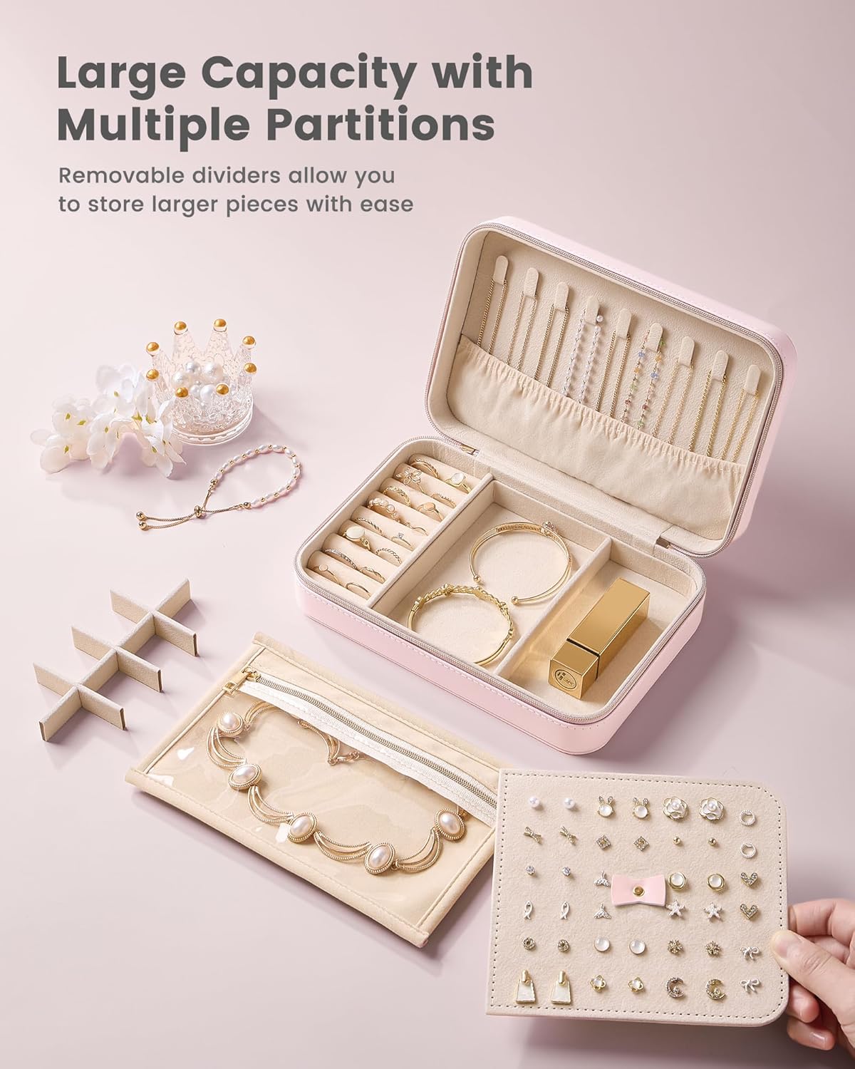 Travel Jewelry Case for Women Girls, Travel Jewelry Organizer with Clear Storage Bag Small Portable Jewelry Box for Necklace Bracelet Earring Ring Valentines Bridesmaid Gifts -Medium/Beige