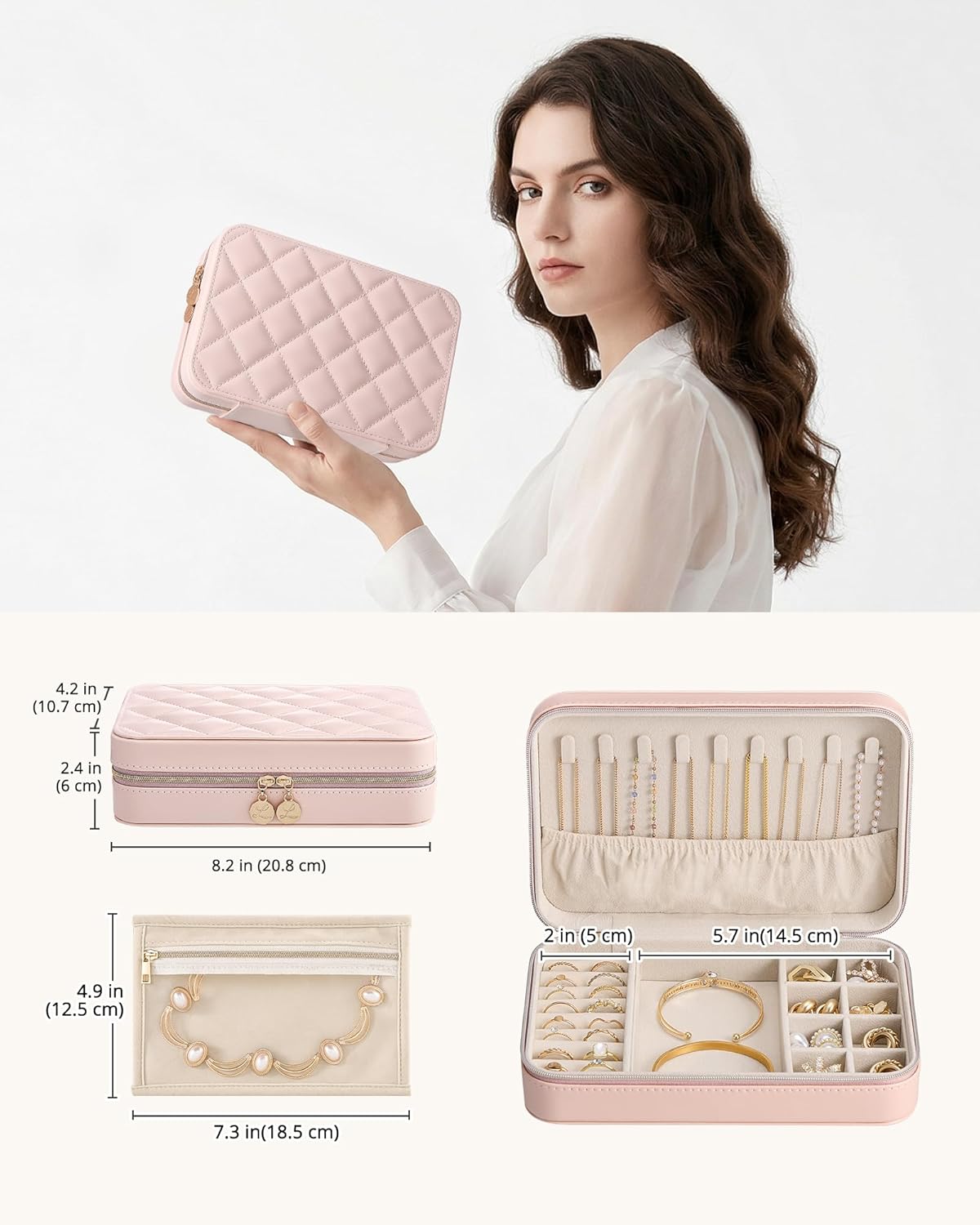 Travel Jewelry Case for Women Girls, Travel Jewelry Organizer with Clear Storage Bag Small Portable Jewelry Box for Necklace Bracelet Earring Ring Valentines Bridesmaid Gifts -Medium/Beige