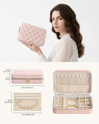 Travel Jewelry Case for Women Girls, Travel Jewelry Organizer with Clear Storage Bag Small Portable Jewelry Box for Necklace Bracelet Earring Ring Valentines Bridesmaid Gifts -Medium/Beige