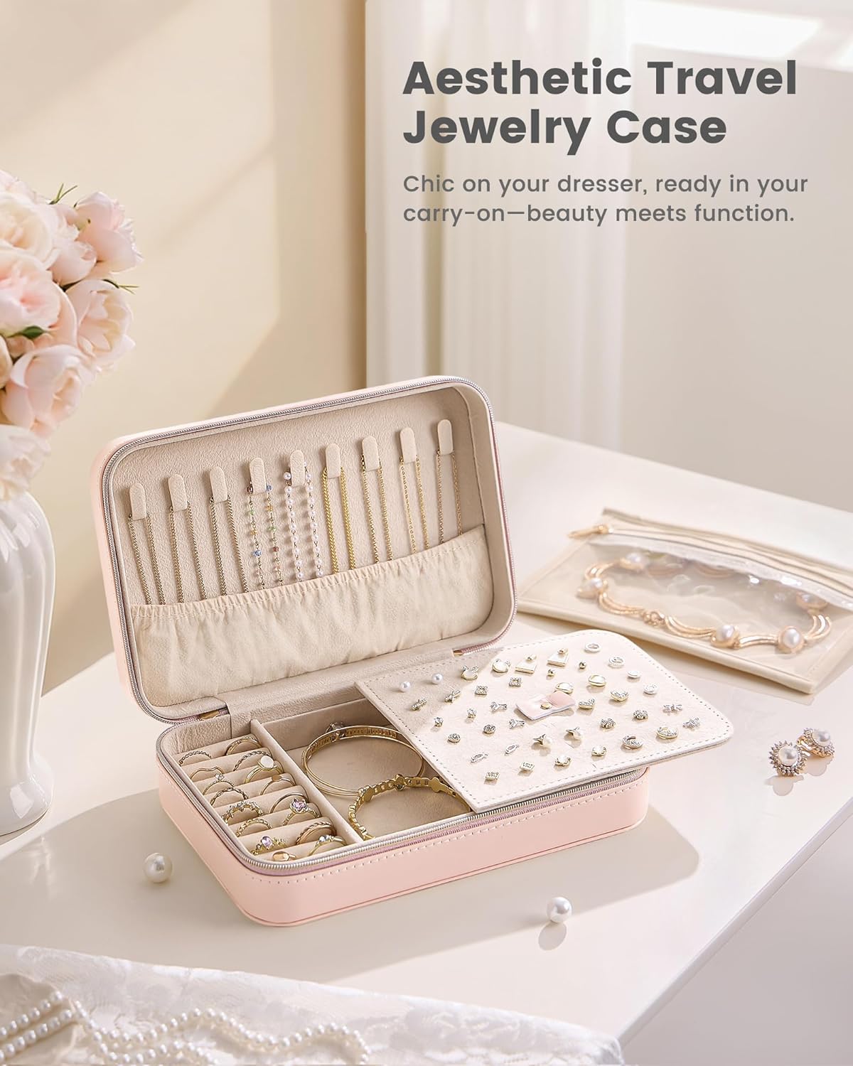Travel Jewelry Case for Women Girls, Travel Jewelry Organizer with Clear Storage Bag Small Portable Jewelry Box for Necklace Bracelet Earring Ring Valentines Bridesmaid Gifts -Medium/Beige
