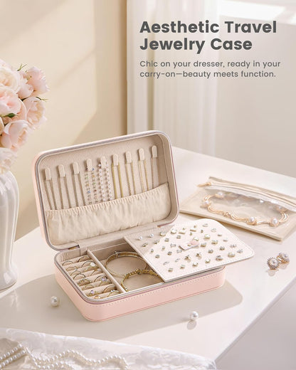 Travel Jewelry Case for Women Girls, Travel Jewelry Organizer with Clear Storage Bag Small Portable Jewelry Box for Necklace Bracelet Earring Ring Valentines Bridesmaid Gifts -Medium/Beige