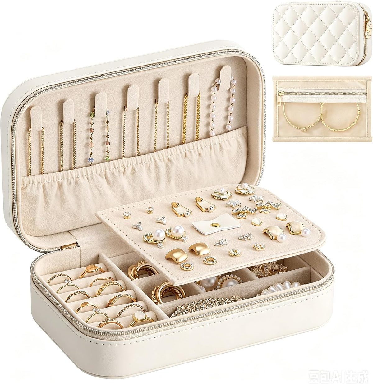 Travel Jewelry Case for Women Girls, Travel Jewelry Organizer with Clear Storage Bag Small Portable Jewelry Box for Necklace Bracelet Earring Ring Valentines Bridesmaid Gifts -Medium/Beige