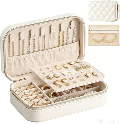Travel Jewelry Case for Women Girls, Travel Jewelry Organizer with Clear Storage Bag Small Portable Jewelry Box for Necklace Bracelet Earring Ring Valentines Bridesmaid Gifts -Medium/Beige