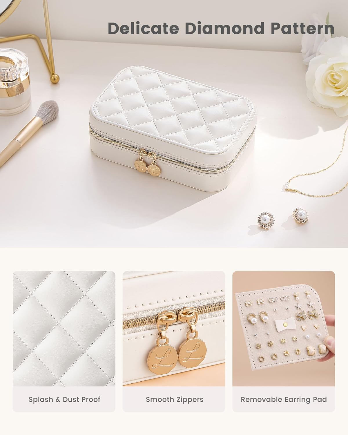 Travel Jewelry Case for Women Girls, Travel Jewelry Organizer with Clear Storage Bag Small Portable Jewelry Box for Necklace Bracelet Earring Ring Valentines Bridesmaid Gifts -Medium/Beige