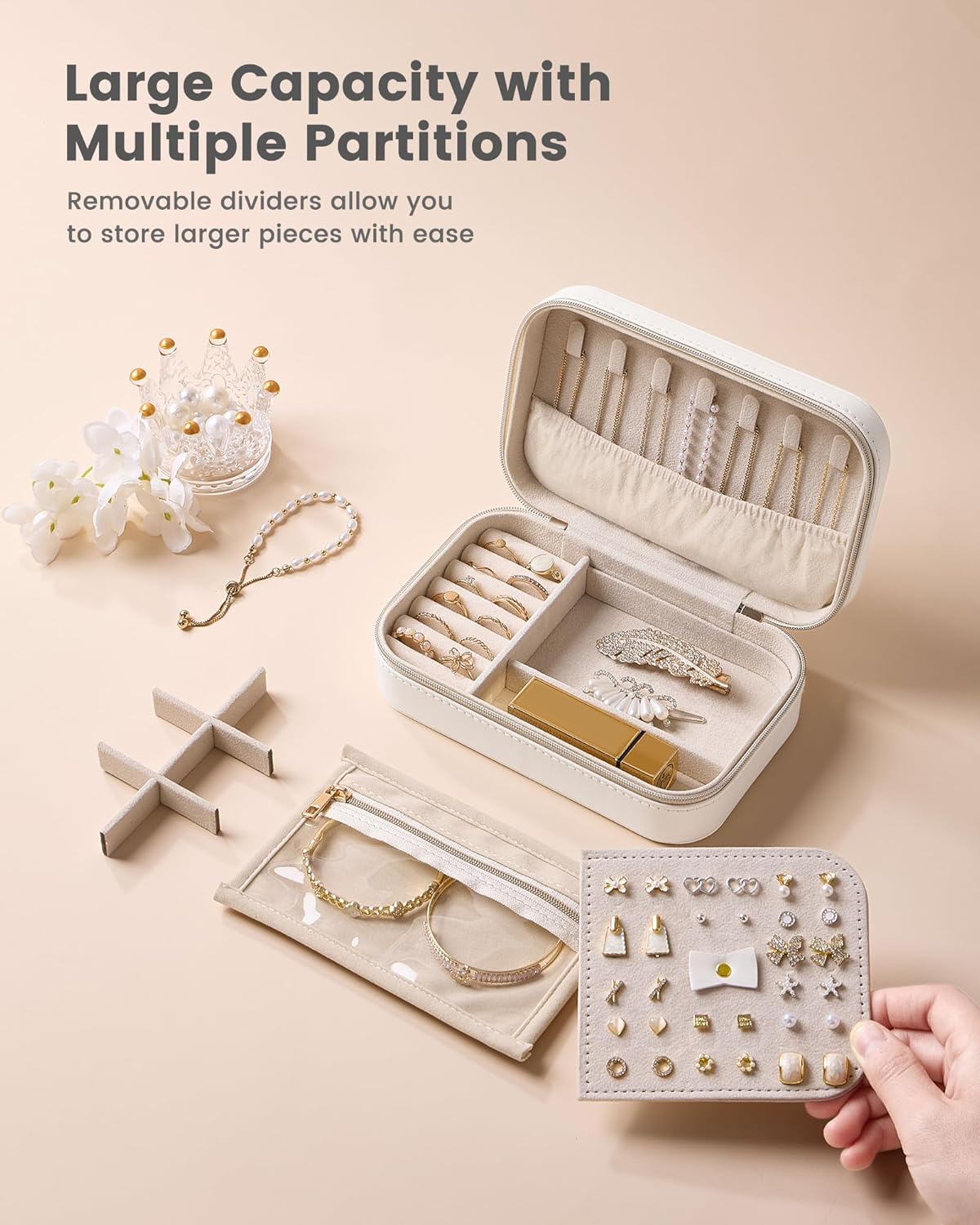 Travel Jewelry Case for Women Girls, Travel Jewelry Organizer with Clear Storage Bag Small Portable Jewelry Box for Necklace Bracelet Earring Ring Valentines Bridesmaid Gifts -Medium/Beige