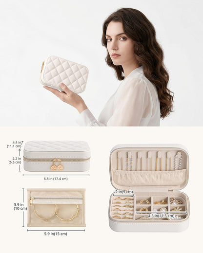 Travel Jewelry Case for Women Girls, Travel Jewelry Organizer with Clear Storage Bag Small Portable Jewelry Box for Necklace Bracelet Earring Ring Valentines Bridesmaid Gifts -Medium/Beige