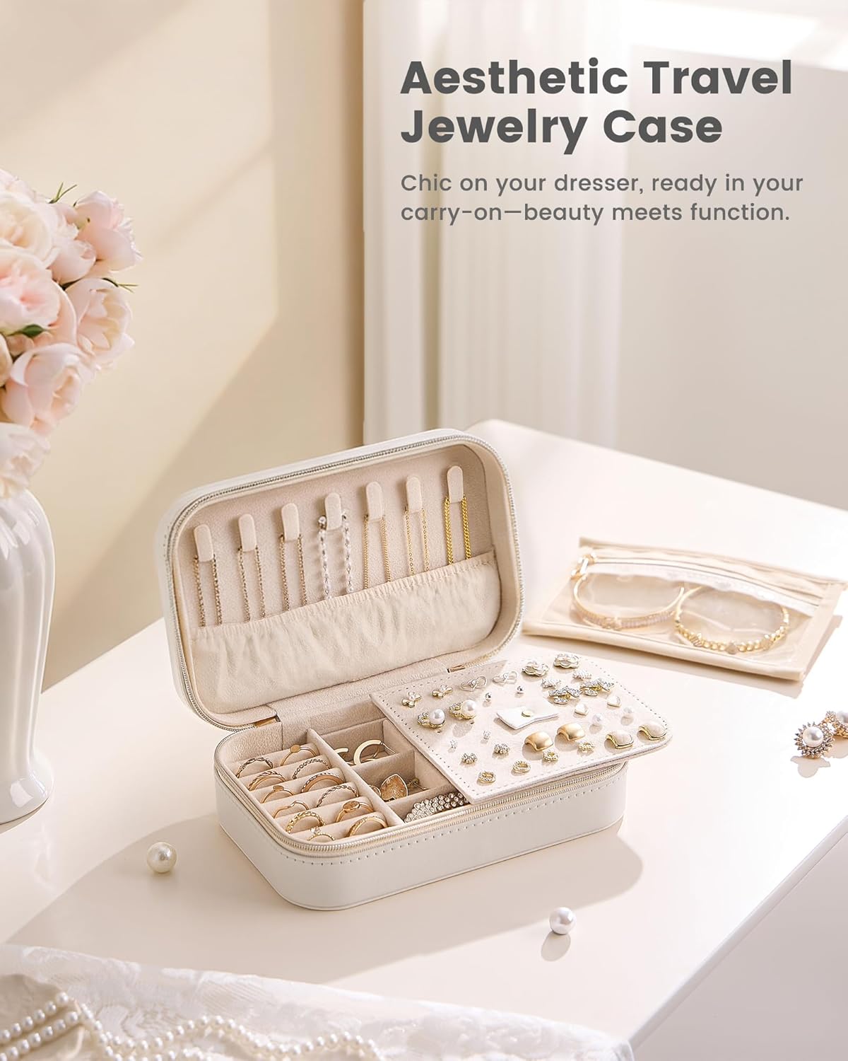 Travel Jewelry Case for Women Girls, Travel Jewelry Organizer with Clear Storage Bag Small Portable Jewelry Box for Necklace Bracelet Earring Ring Valentines Bridesmaid Gifts -Medium/Beige