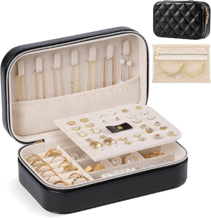 Travel Jewelry Case for Women Girls, Travel Jewelry Organizer with Clear Storage Bag Small Portable Jewelry Box for Necklace Bracelet Earring Ring Valentines Bridesmaid Gifts -Medium/Beige