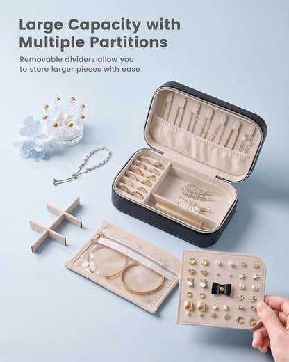 Travel Jewelry Case for Women Girls, Travel Jewelry Organizer with Clear Storage Bag Small Portable Jewelry Box for Necklace Bracelet Earring Ring Valentines Bridesmaid Gifts -Medium/Beige