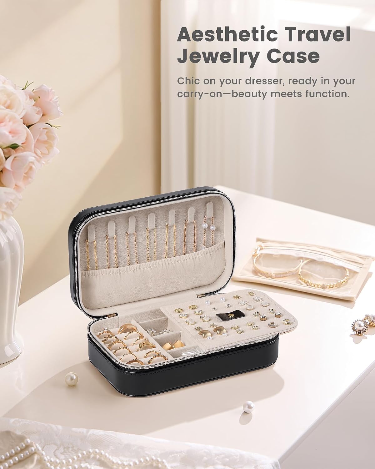 Travel Jewelry Case for Women Girls, Travel Jewelry Organizer with Clear Storage Bag Small Portable Jewelry Box for Necklace Bracelet Earring Ring Valentines Bridesmaid Gifts -Medium/Beige