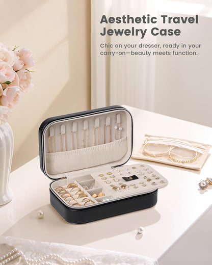 Travel Jewelry Case for Women Girls, Travel Jewelry Organizer with Clear Storage Bag Small Portable Jewelry Box for Necklace Bracelet Earring Ring Valentines Bridesmaid Gifts -Medium/Beige