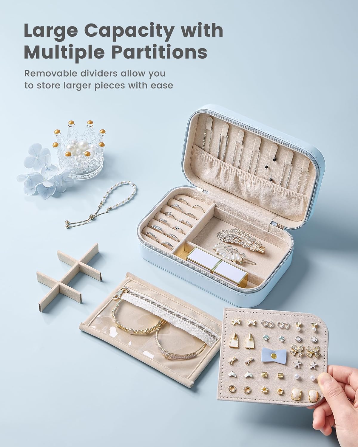 Travel Jewelry Case for Women Girls, Travel Jewelry Organizer with Clear Storage Bag Small Portable Jewelry Box for Necklace Bracelet Earring Ring Valentines Bridesmaid Gifts -Medium/Beige