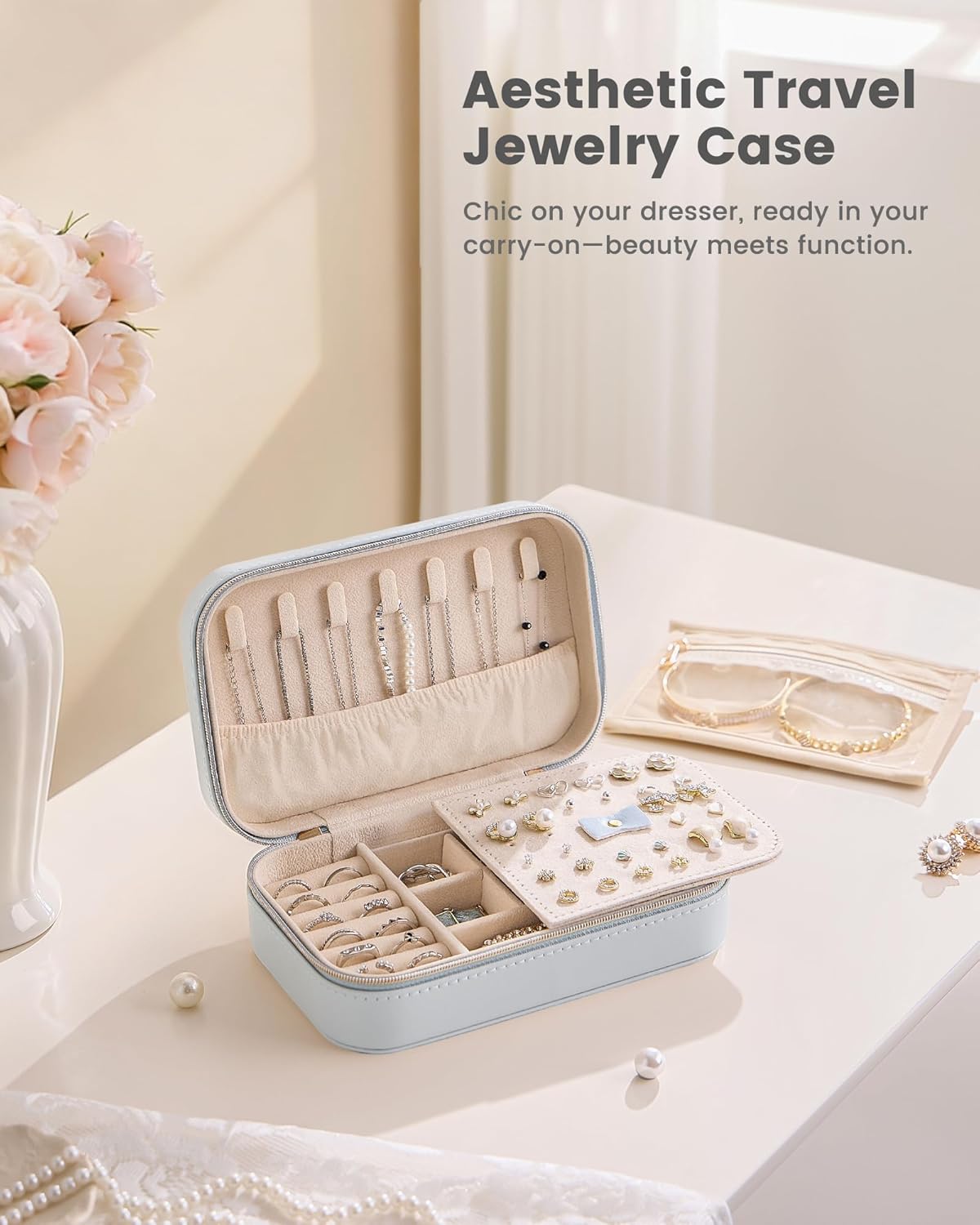 Travel Jewelry Case for Women Girls, Travel Jewelry Organizer with Clear Storage Bag Small Portable Jewelry Box for Necklace Bracelet Earring Ring Valentines Bridesmaid Gifts -Medium/Beige