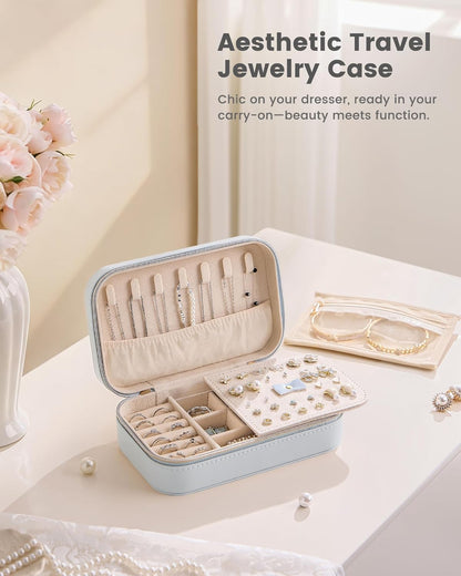 Travel Jewelry Case for Women Girls, Travel Jewelry Organizer with Clear Storage Bag Small Portable Jewelry Box for Necklace Bracelet Earring Ring Valentines Bridesmaid Gifts -Medium/Beige