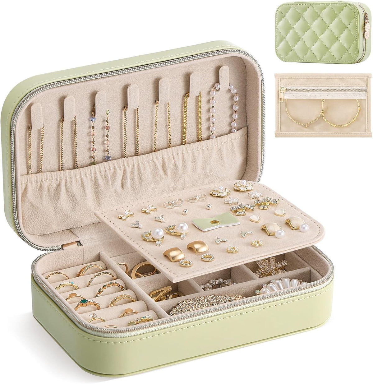 Travel Jewelry Case for Women Girls, Travel Jewelry Organizer with Clear Storage Bag Small Portable Jewelry Box for Necklace Bracelet Earring Ring Valentines Bridesmaid Gifts -Medium/Beige