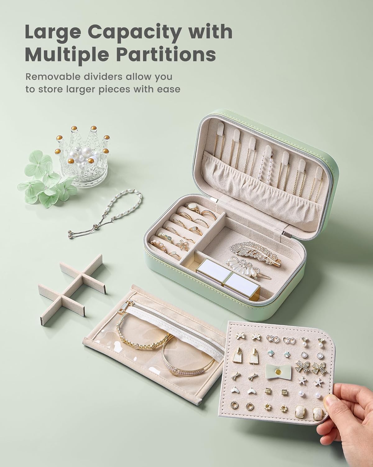 Travel Jewelry Case for Women Girls, Travel Jewelry Organizer with Clear Storage Bag Small Portable Jewelry Box for Necklace Bracelet Earring Ring Valentines Bridesmaid Gifts -Medium/Beige