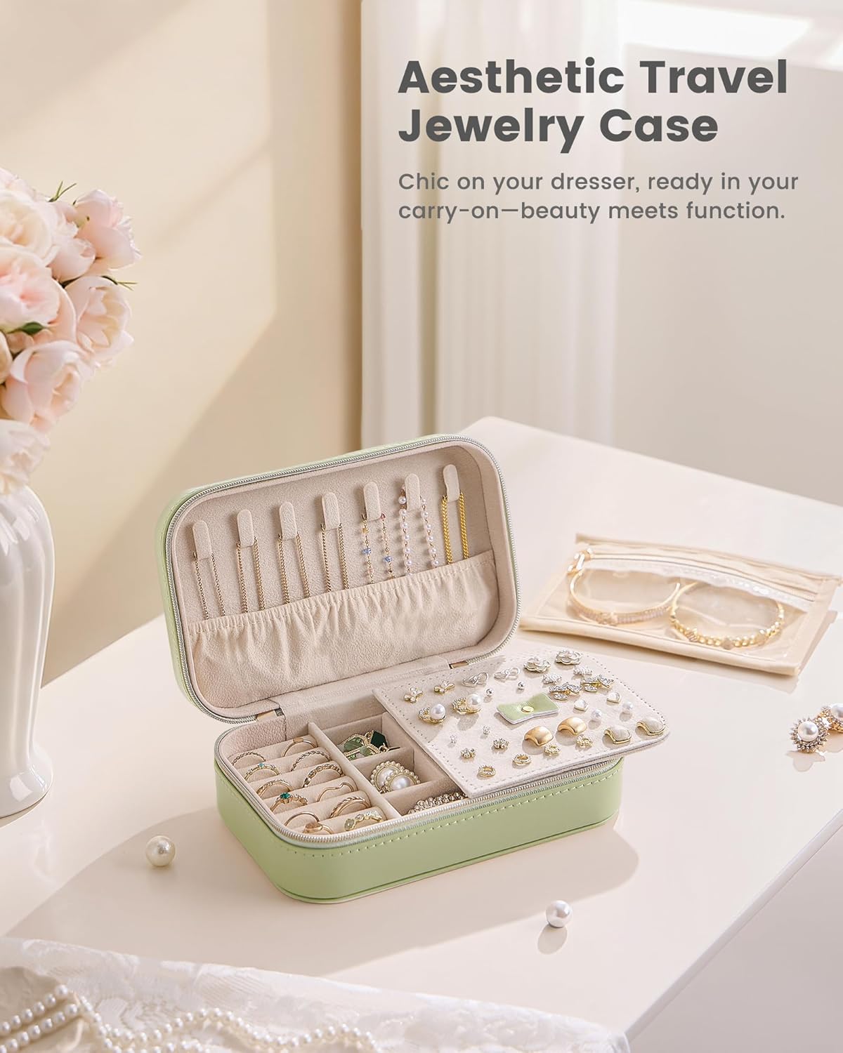 Travel Jewelry Case for Women Girls, Travel Jewelry Organizer with Clear Storage Bag Small Portable Jewelry Box for Necklace Bracelet Earring Ring Valentines Bridesmaid Gifts -Medium/Beige