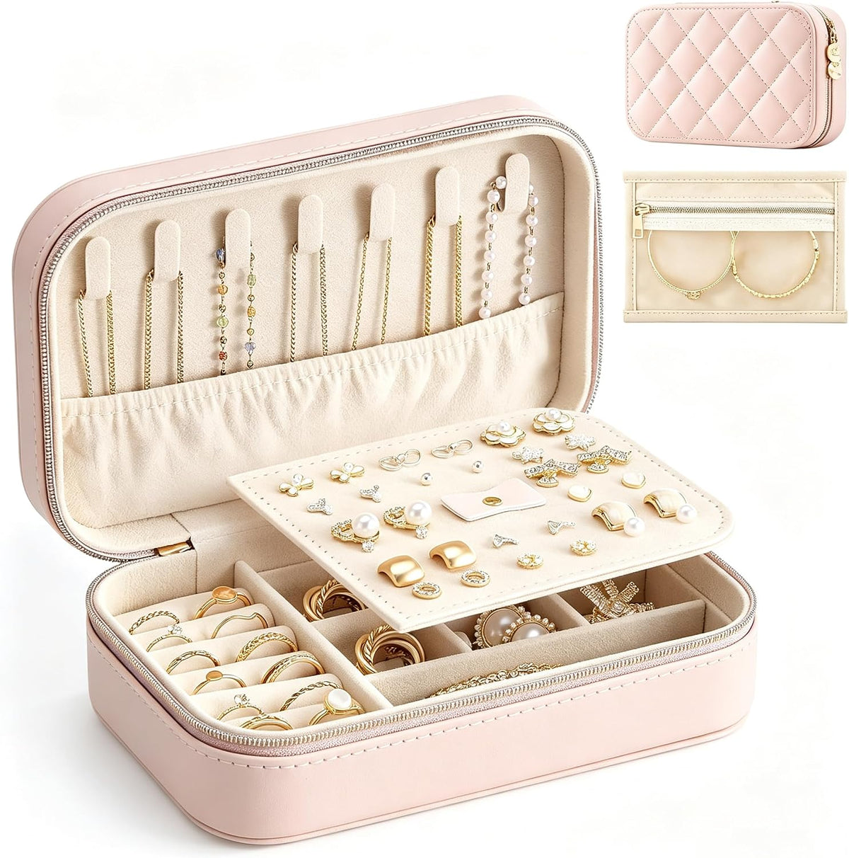 Travel Jewelry Case for Women Girls, Travel Jewelry Organizer with Clear Storage Bag Small Portable Jewelry Box for Necklace Bracelet Earring Ring Valentines Bridesmaid Gifts -Medium/Beige